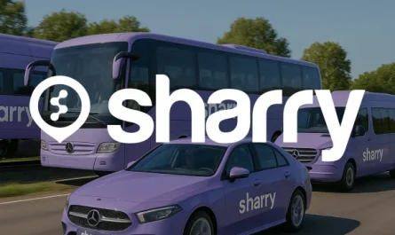 логотип і назва компанії Sharry на фоні фіолетових автобуса, буса, потяга та автомобіля